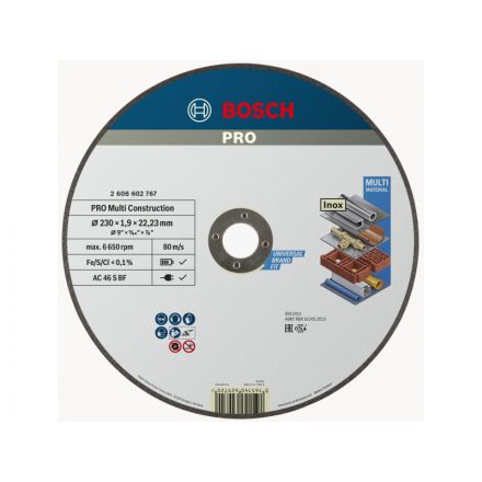 BOSCH PRO Vágókorong Multi Material 230 x 1,9 x 22,2 mm AC 46 S BF (oSa)