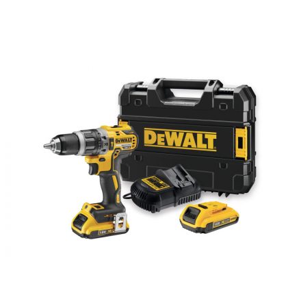 DEWALT Mașină de găurit cu percuție fără acumulator 18 V fără perie de cărbune (2 x baterie de 2,0 Ah + încărcător) DCD796D2