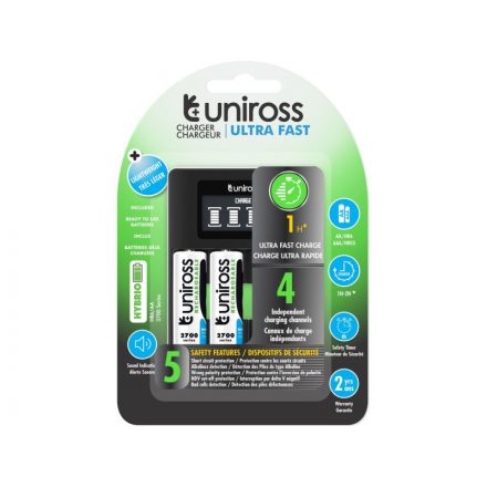 Încărcător rapid procesor UNIROSS + 4 baterii AA/creion 1.2 V 2700 mAh